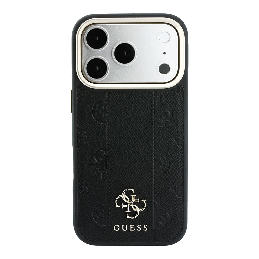 Apple iPhone 18 Pro Kılıf Guess M-safe Uyumlu Şeritli Peony 4G ve Yazı Logolu Kapak Siyah