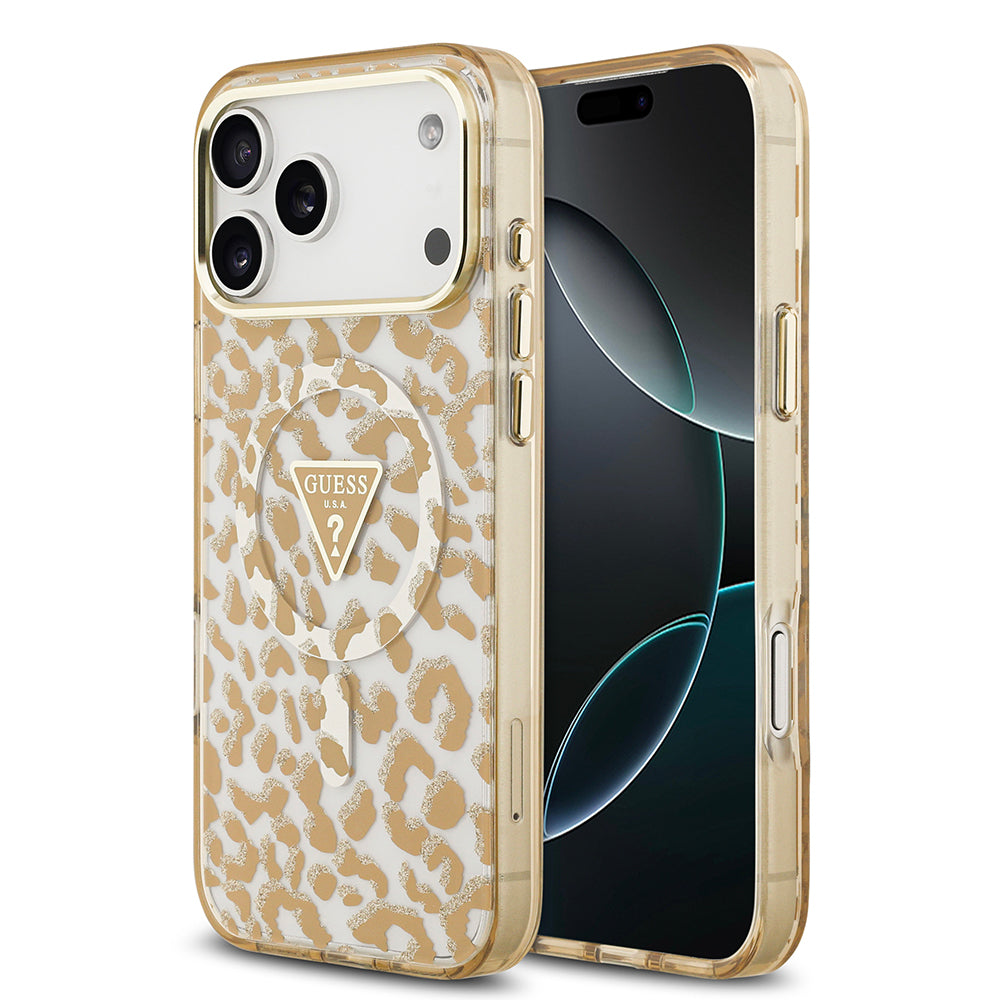 Apple iPhone 18 Pro Max Kılıf Guess M-safe Uyumlu Üçgen Logolu Simli Leopar Desenli Kapak Kahverengi