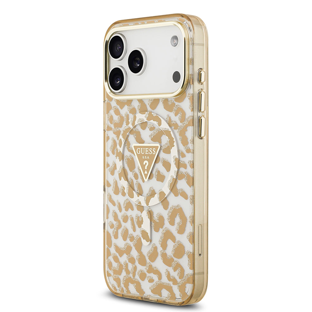 Apple iPhone 18 Pro Max Kılıf Guess M-safe Uyumlu Üçgen Logolu Simli Leopar Desenli Kapak Kahverengi