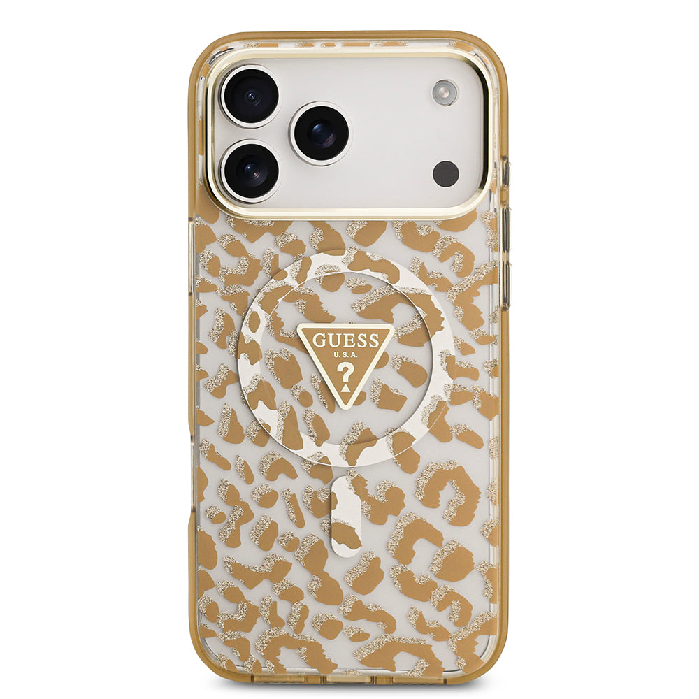Apple iPhone 18 Pro Max Kılıf Guess M-safe Uyumlu Üçgen Logolu Simli Leopar Desenli Kapak Kahverengi