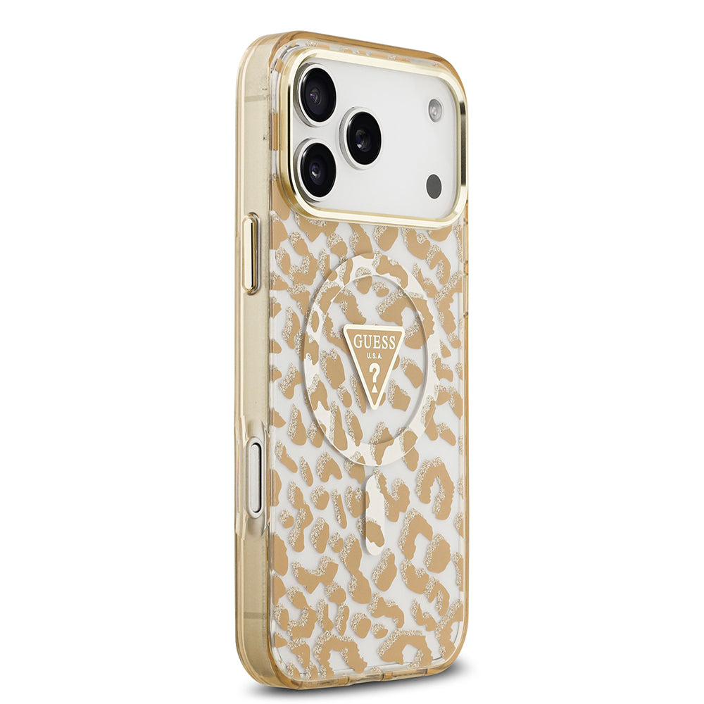 Apple iPhone 18 Pro Max Kılıf Guess M-safe Uyumlu Üçgen Logolu Simli Leopar Desenli Kapak Kahverengi