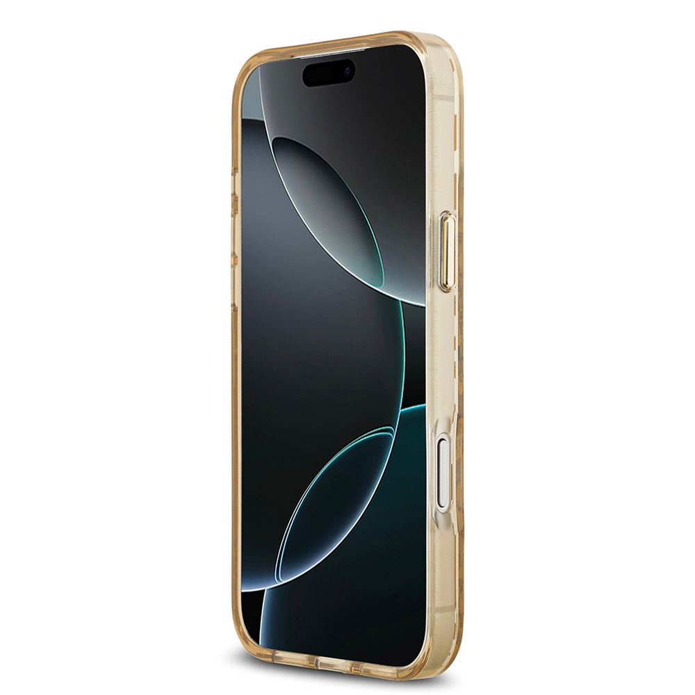 Apple iPhone 18 Pro Max Kılıf Guess M-safe Uyumlu Üçgen Logolu Simli Leopar Desenli Kapak Kahverengi