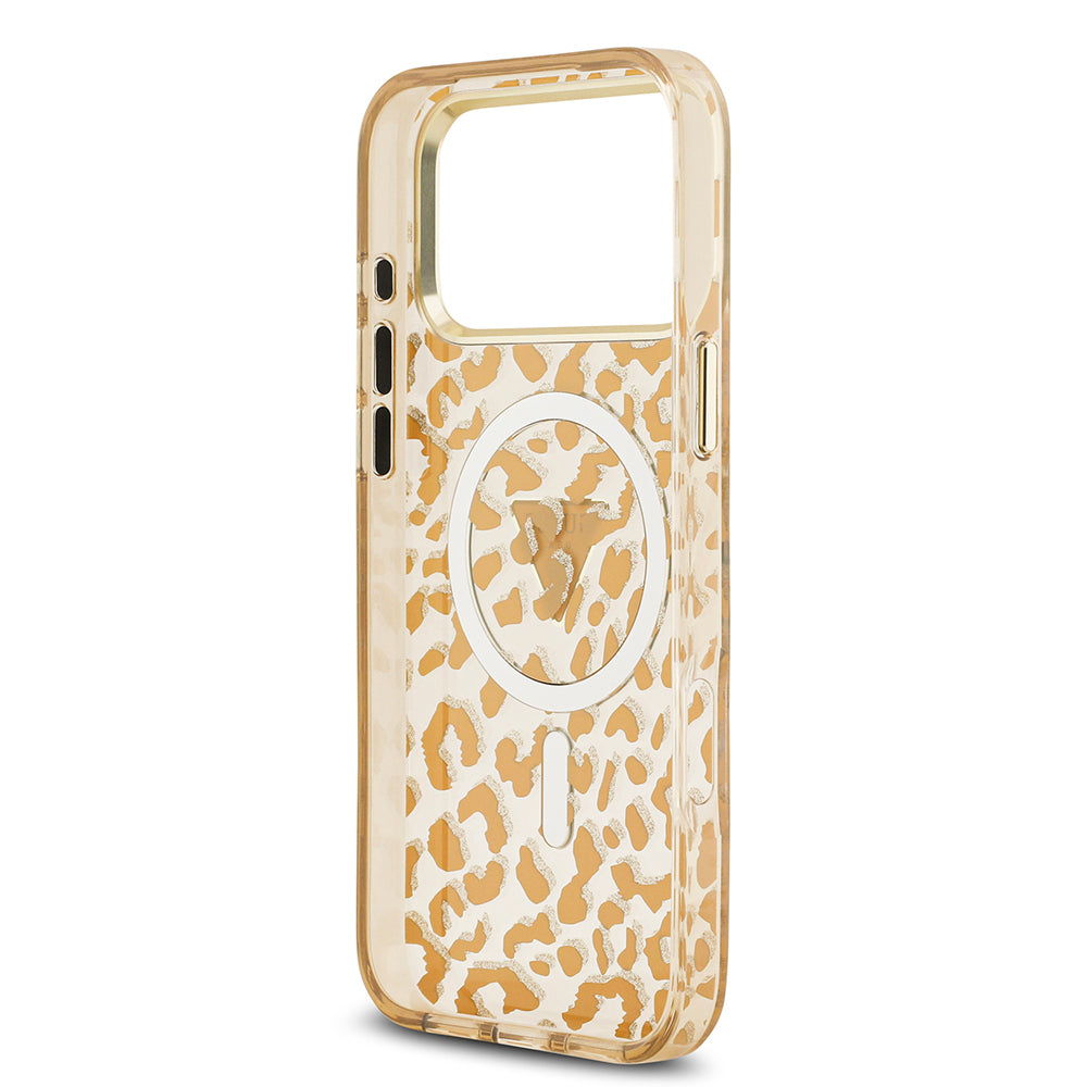 Apple iPhone 18 Pro Max Kılıf Guess M-safe Uyumlu Üçgen Logolu Simli Leopar Desenli Kapak Kahverengi