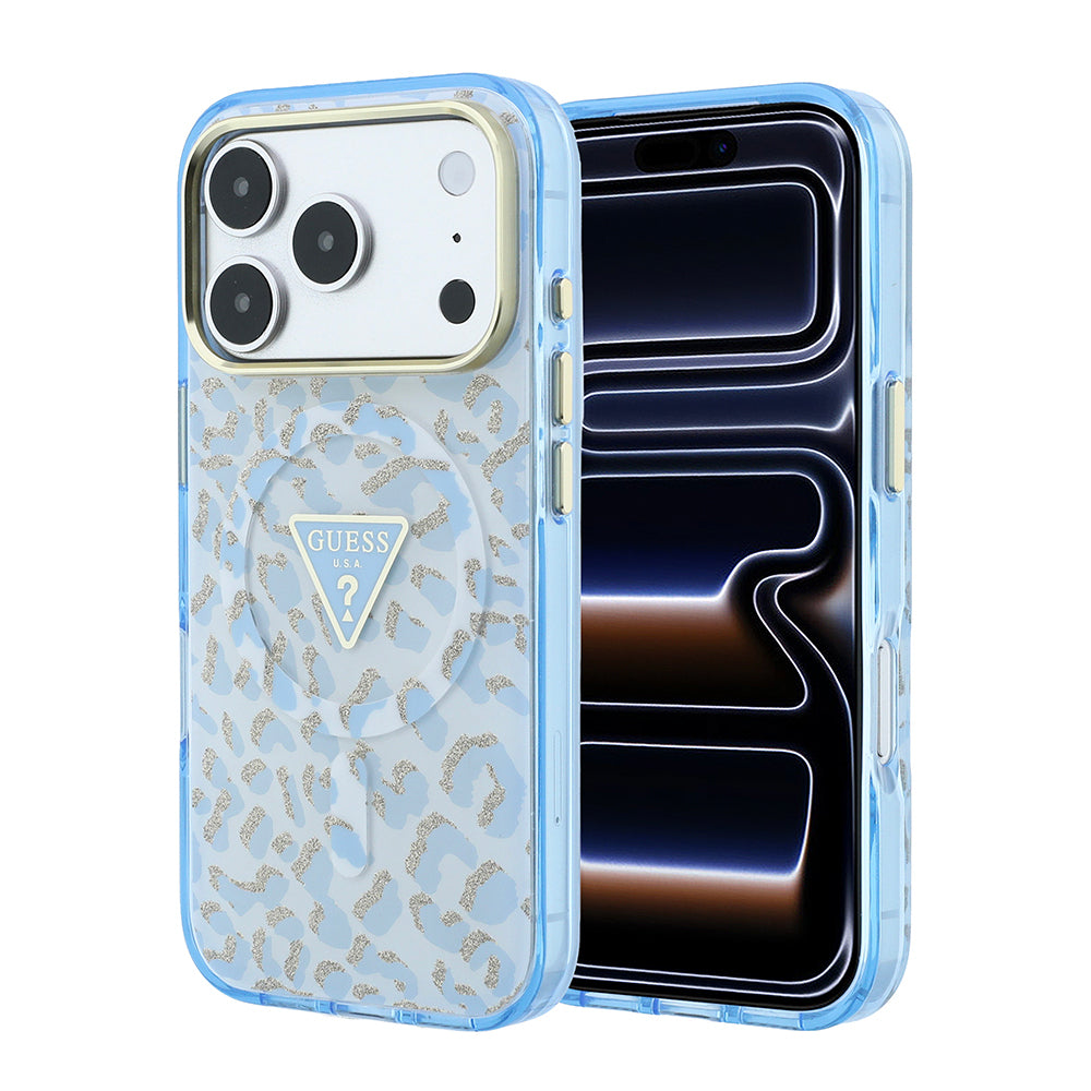 Apple iPhone 18 Pro Max Kılıf Guess M-safe Uyumlu Üçgen Logolu Simli Leopar Desenli Kapak Mavi