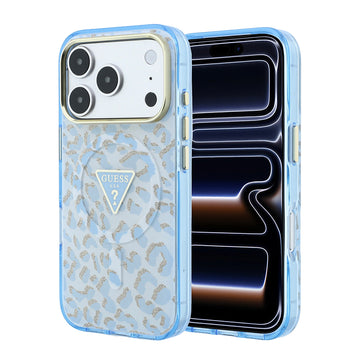 Apple iPhone 18 Pro Max Kılıf Guess M-safe Uyumlu Üçgen Logolu Simli Leopar Desenli Kapak Mavi