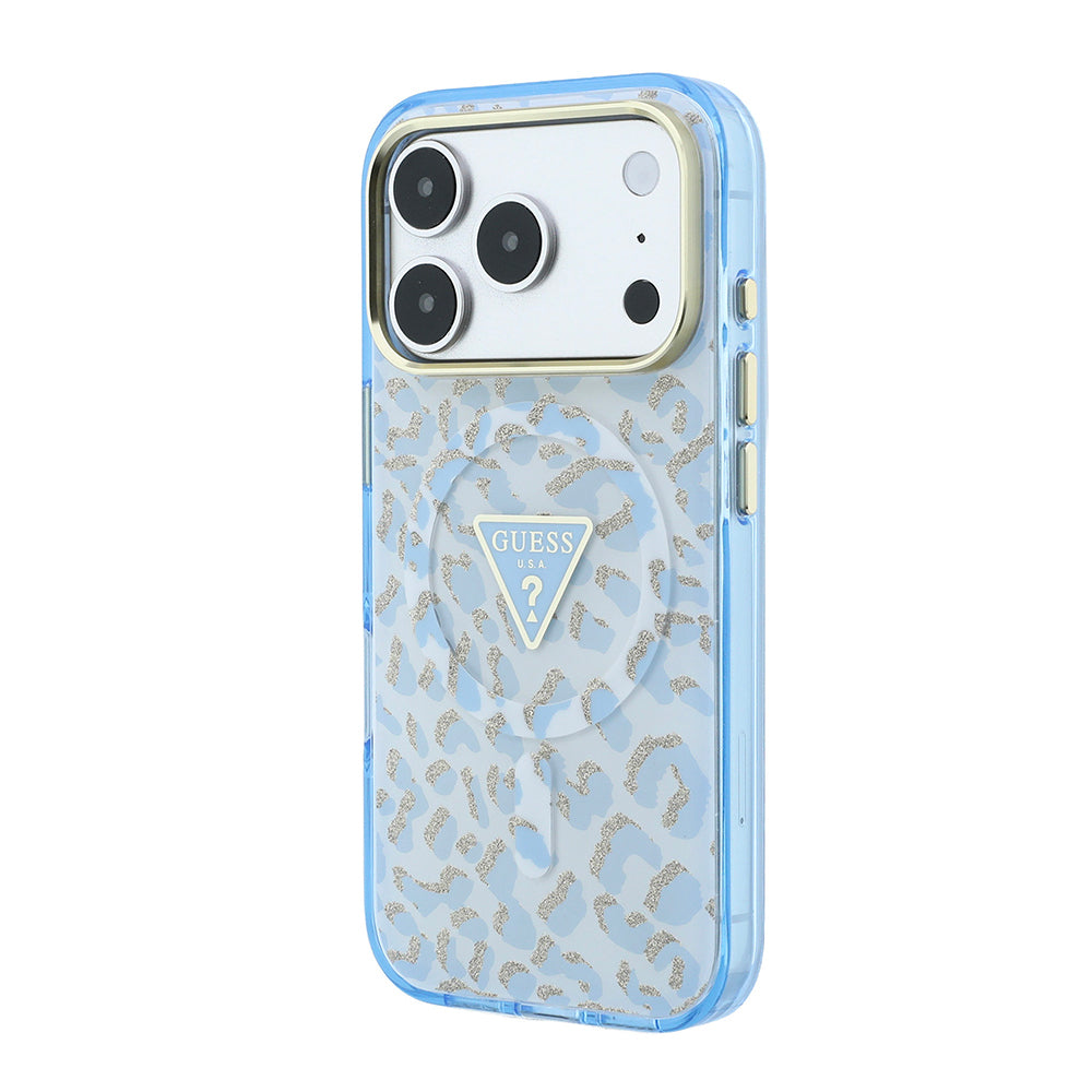 Apple iPhone 18 Pro Kılıf Guess M-safe Uyumlu Üçgen Logolu Simli Leopar Desenli Kapak Mavi