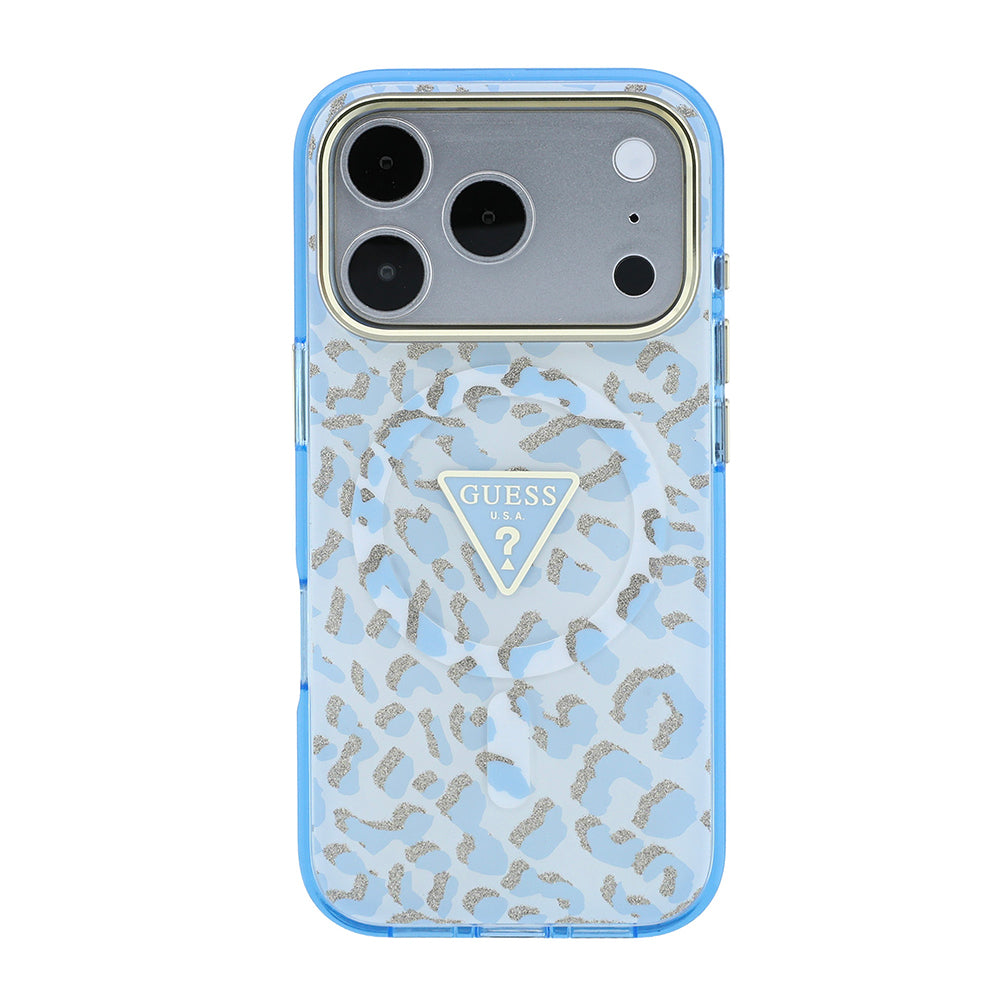 Apple iPhone 18 Pro Max Kılıf Guess M-safe Uyumlu Üçgen Logolu Simli Leopar Desenli Kapak Mavi