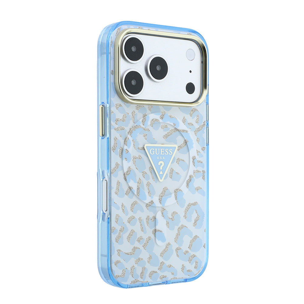 Apple iPhone 18 Pro Max Kılıf Guess M-safe Uyumlu Üçgen Logolu Simli Leopar Desenli Kapak Mavi