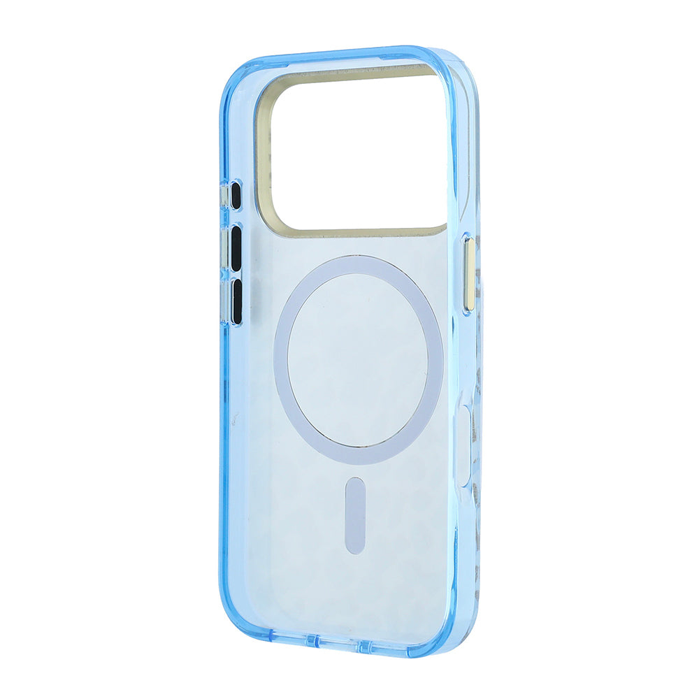 Apple iPhone 18 Pro Max Kılıf Guess M-safe Uyumlu Üçgen Logolu Simli Leopar Desenli Kapak Mavi