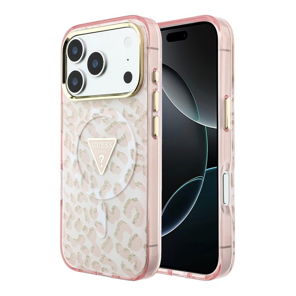 Apple iPhone 18 Pro Max Kılıf Guess M-safe Uyumlu Üçgen Logolu Simli Leopar Desenli Kapak Pembe