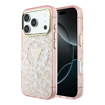 Apple iPhone 18 Pro Max Kılıf Guess M-safe Uyumlu Üçgen Logolu Simli Leopar Desenli Kapak Pembe