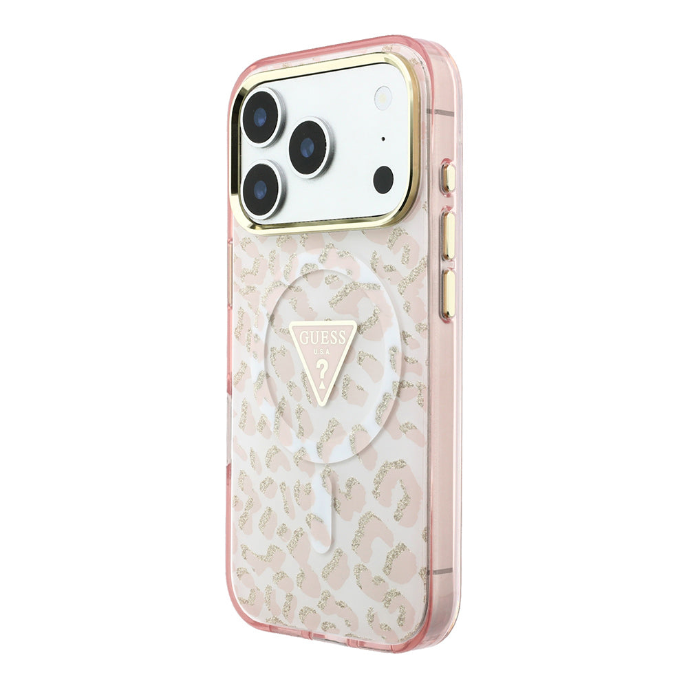 Apple iPhone 18 Pro Max Kılıf Guess M-safe Uyumlu Üçgen Logolu Simli Leopar Desenli Kapak Pembe