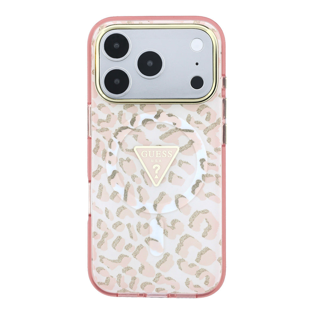 Apple iPhone 18 Pro Max Kılıf Guess M-safe Uyumlu Üçgen Logolu Simli Leopar Desenli Kapak Pembe