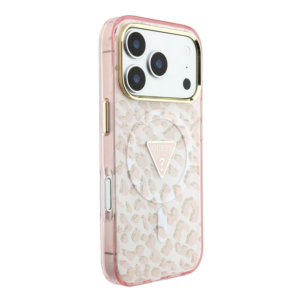 Apple iPhone 18 Pro Max Kılıf Guess M-safe Uyumlu Üçgen Logolu Simli Leopar Desenli Kapak Pembe