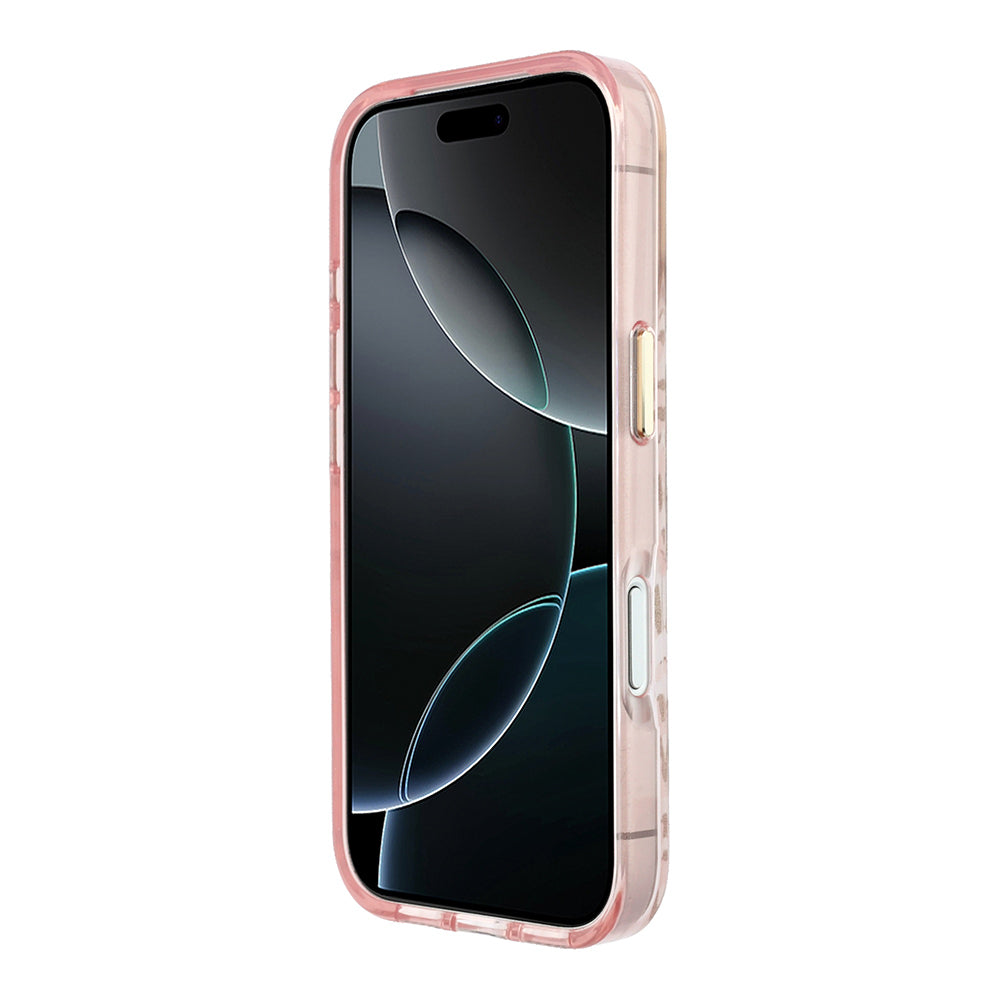 Apple iPhone 18 Pro Max Kılıf Guess M-safe Uyumlu Üçgen Logolu Simli Leopar Desenli Kapak Pembe
