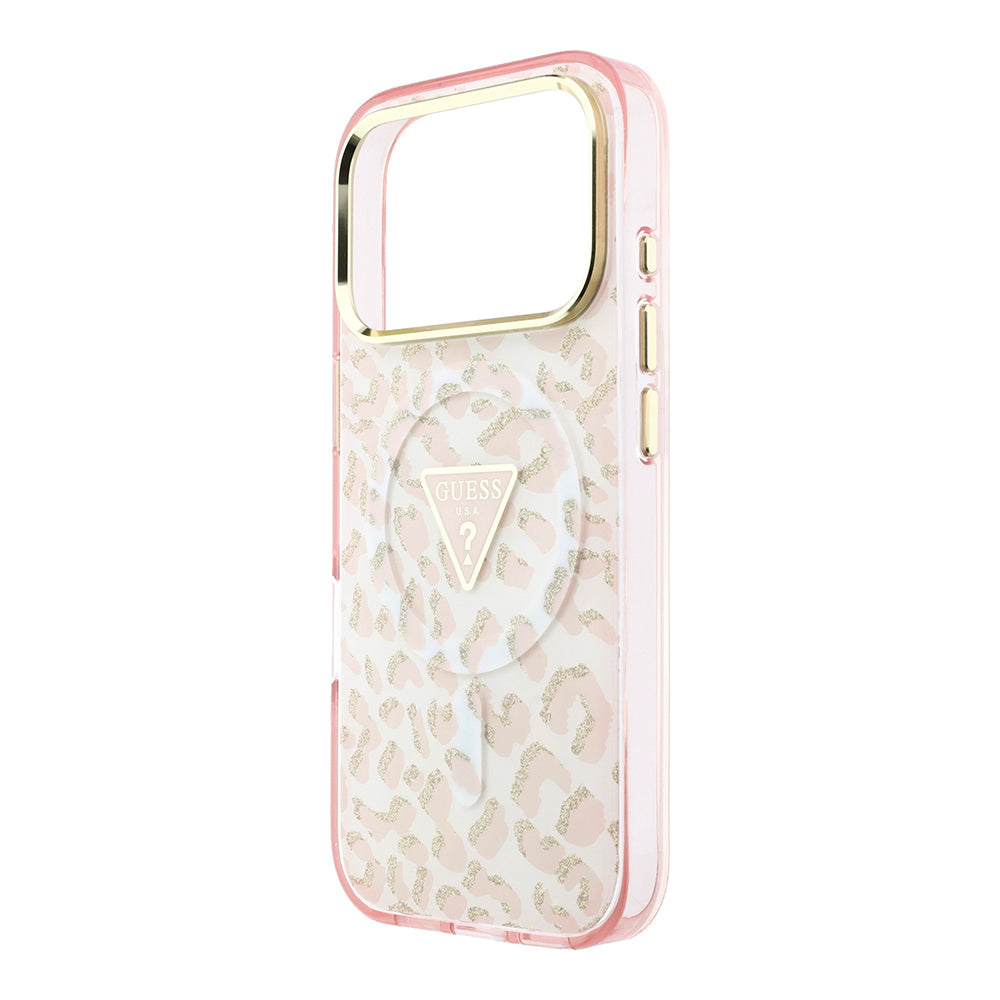 Apple iPhone 18 Pro Max Kılıf Guess M-safe Uyumlu Üçgen Logolu Simli Leopar Desenli Kapak Pembe