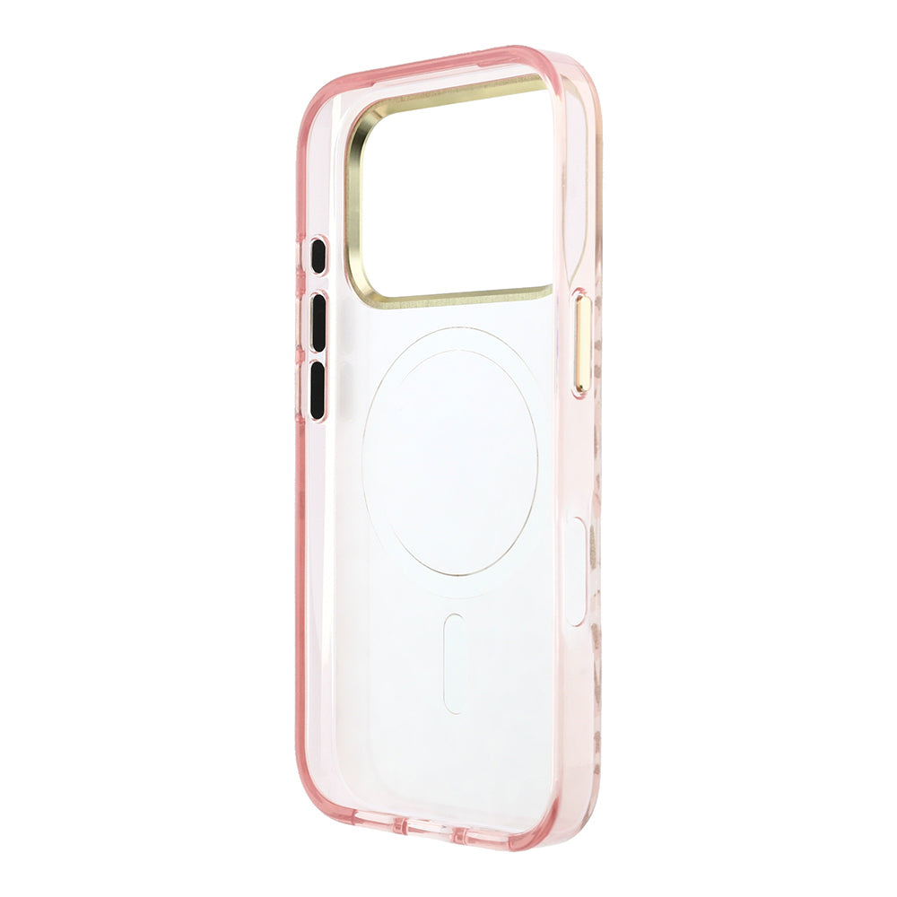 Apple iPhone 18 Pro Max Kılıf Guess M-safe Uyumlu Üçgen Logolu Simli Leopar Desenli Kapak Pembe
