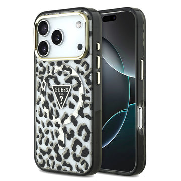 Apple iPhone 18 Pro Max Kılıf Guess M-safe Uyumlu Üçgen Logolu Simli Leopar Desenli Kapak Siyah