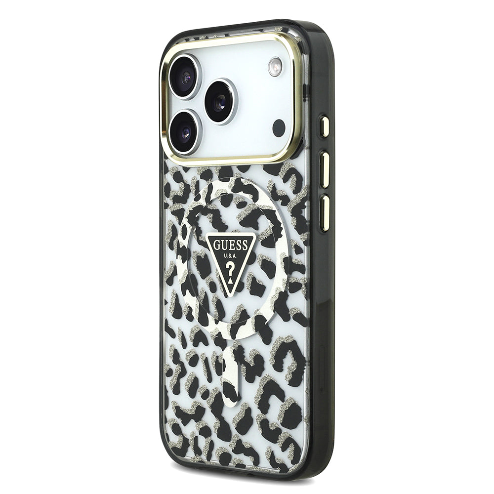 Apple iPhone 18 Pro Max Kılıf Guess M-safe Uyumlu Üçgen Logolu Simli Leopar Desenli Kapak Siyah