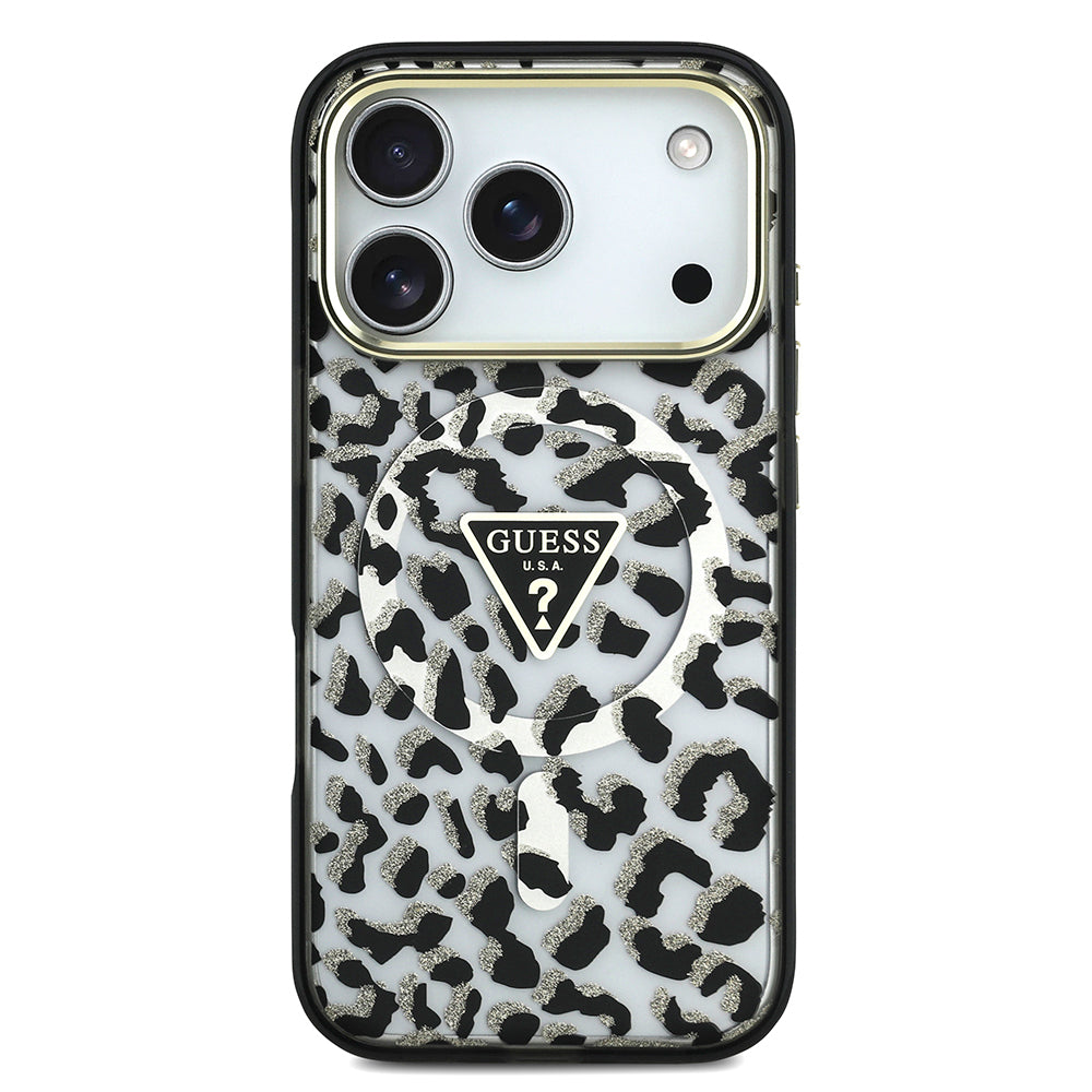Apple iPhone 18 Pro Max Kılıf Guess M-safe Uyumlu Üçgen Logolu Simli Leopar Desenli Kapak Siyah