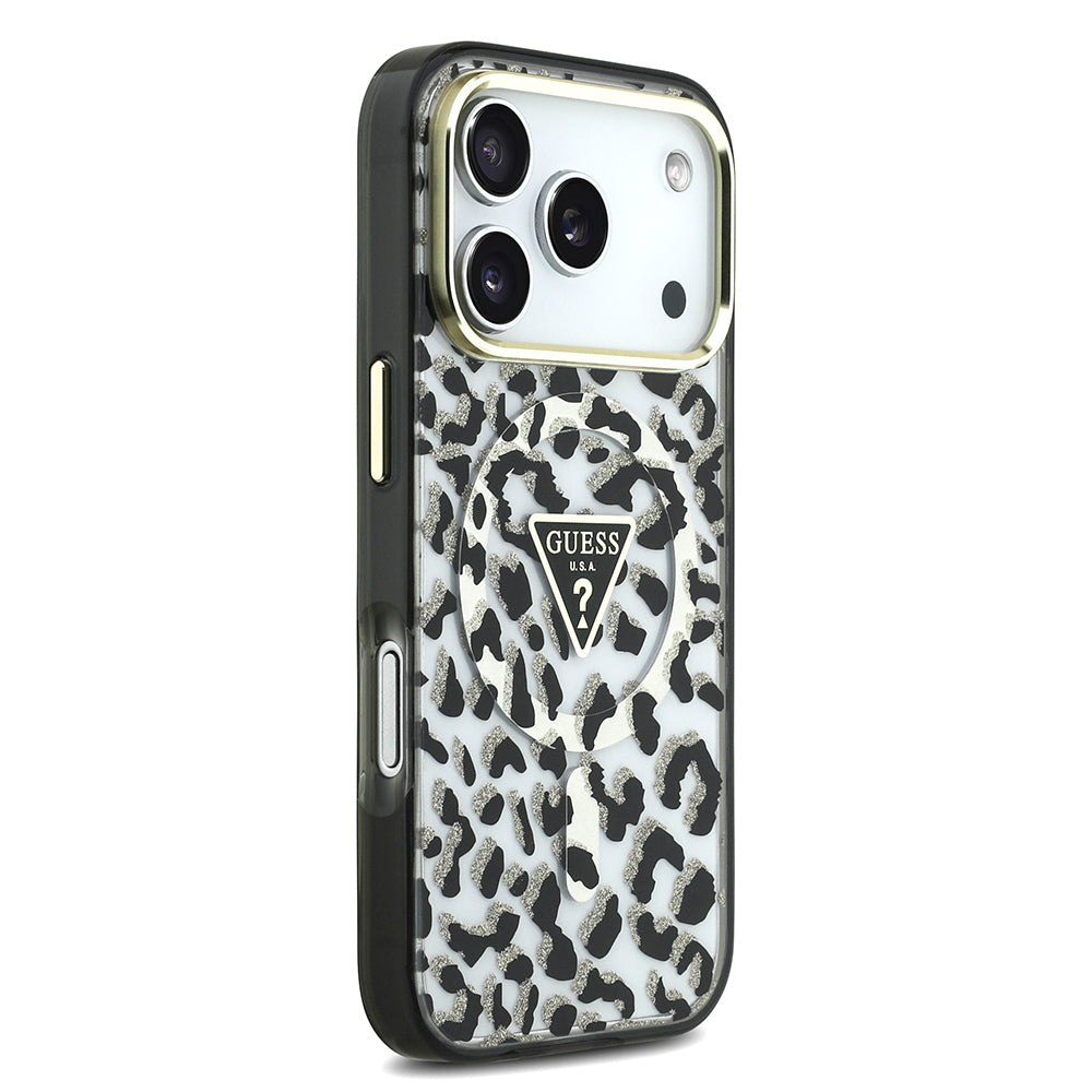Apple iPhone 18 Pro Max Kılıf Guess M-safe Uyumlu Üçgen Logolu Simli Leopar Desenli Kapak Siyah