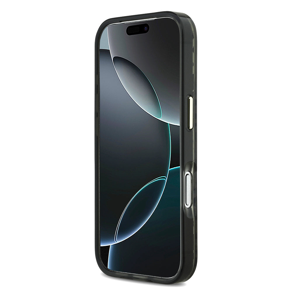 Apple iPhone 18 Pro Max Kılıf Guess M-safe Uyumlu Üçgen Logolu Simli Leopar Desenli Kapak Siyah