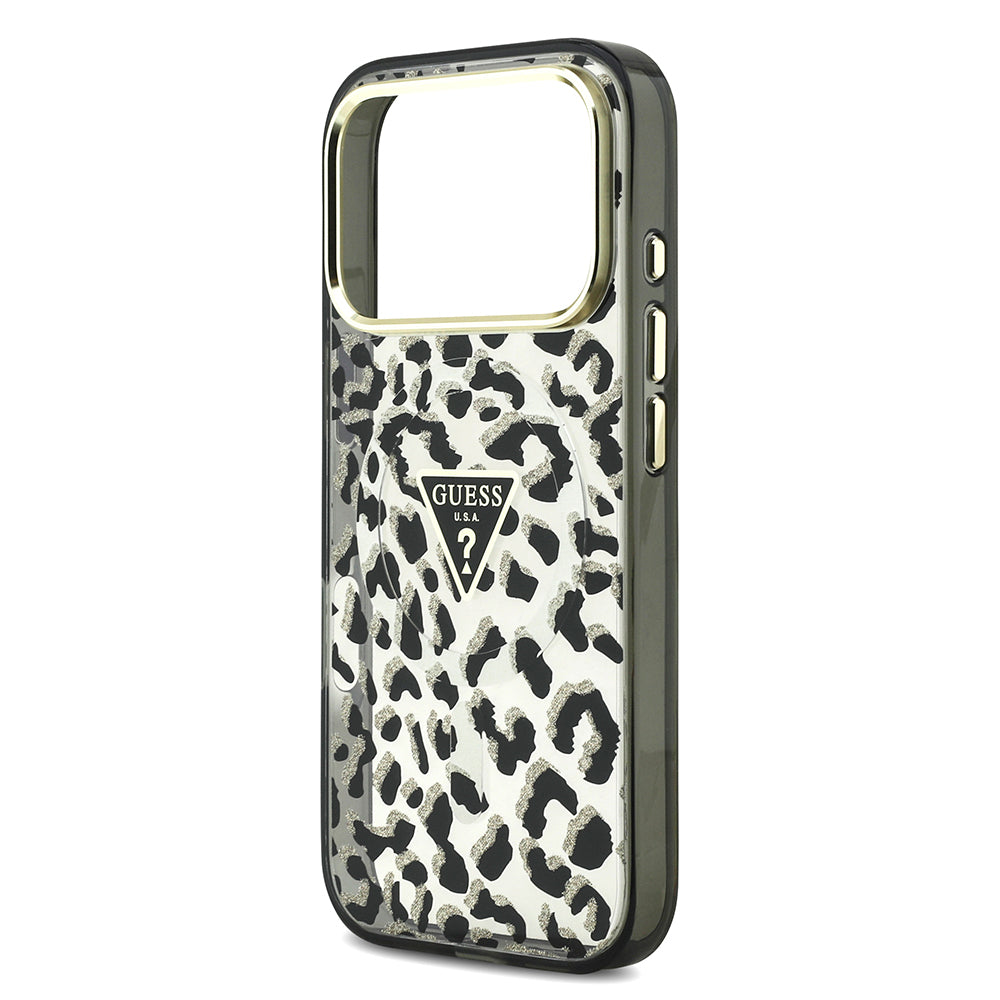 Apple iPhone 18 Pro Max Kılıf Guess M-safe Uyumlu Üçgen Logolu Simli Leopar Desenli Kapak Siyah