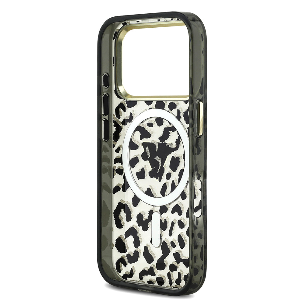 Apple iPhone 18 Pro Max Kılıf Guess M-safe Uyumlu Üçgen Logolu Simli Leopar Desenli Kapak Siyah