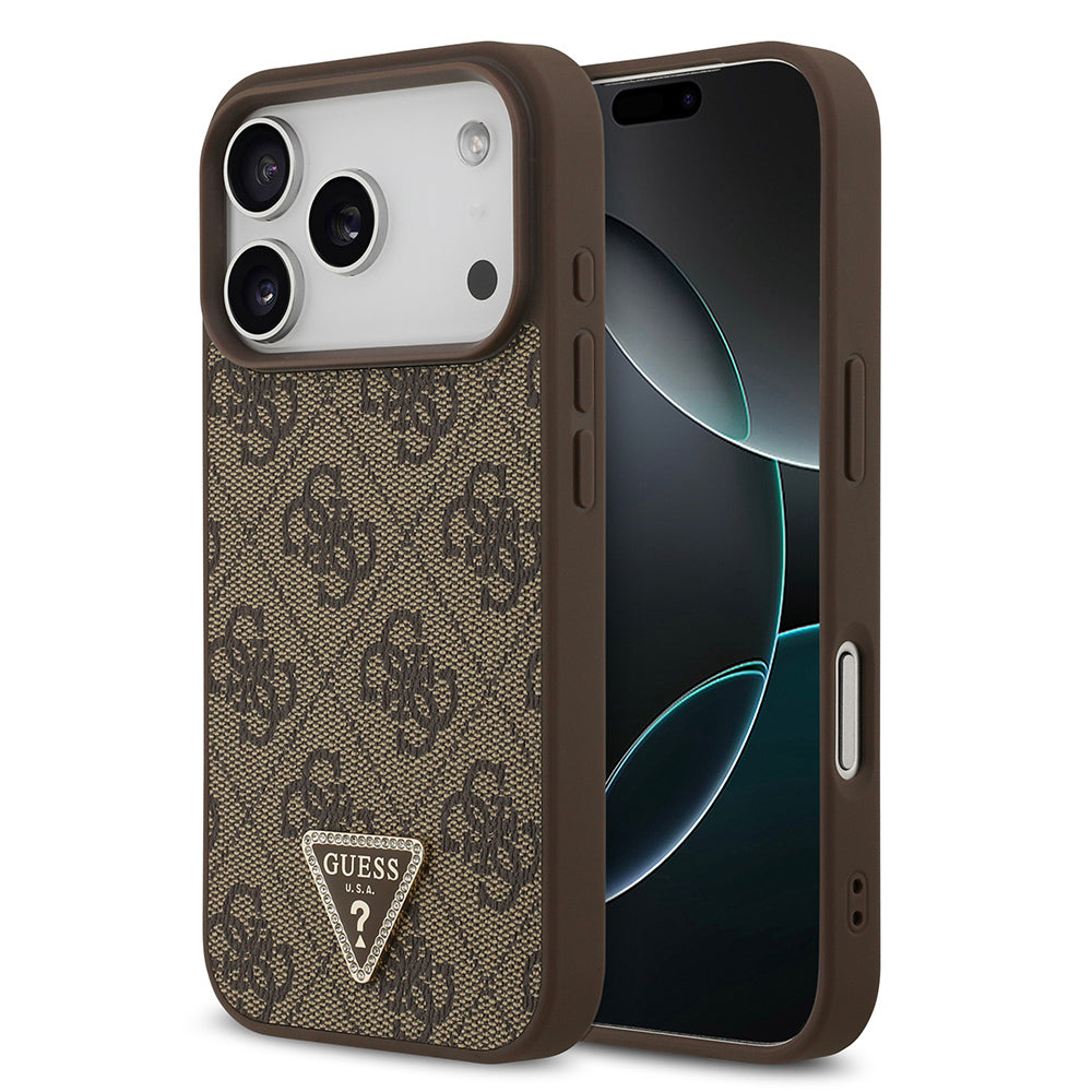 Apple iPhone 18 Pro Kılıf Guess Taşlı Üçgen Logolu 4G Desenli Strass Kapak Kahverengi