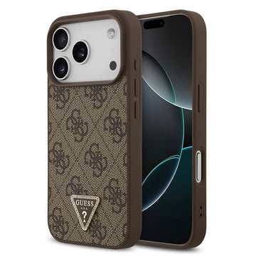 Apple iPhone 18 Pro Kılıf Guess Taşlı Üçgen Logolu 4G Desenli Strass Kapak Kahverengi