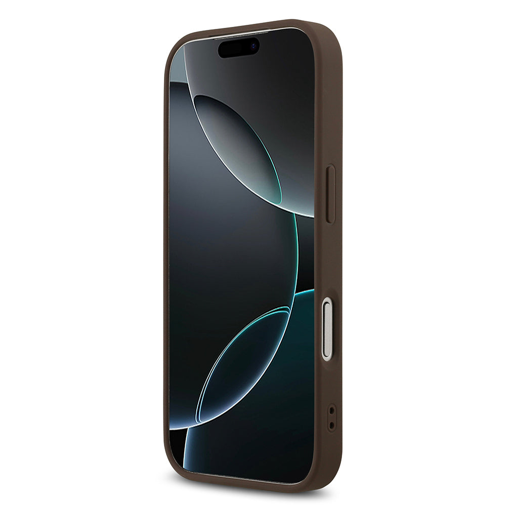 Apple iPhone 18 Pro Kılıf Guess Taşlı Üçgen Logolu 4G Desenli Strass Kapak Kahverengi