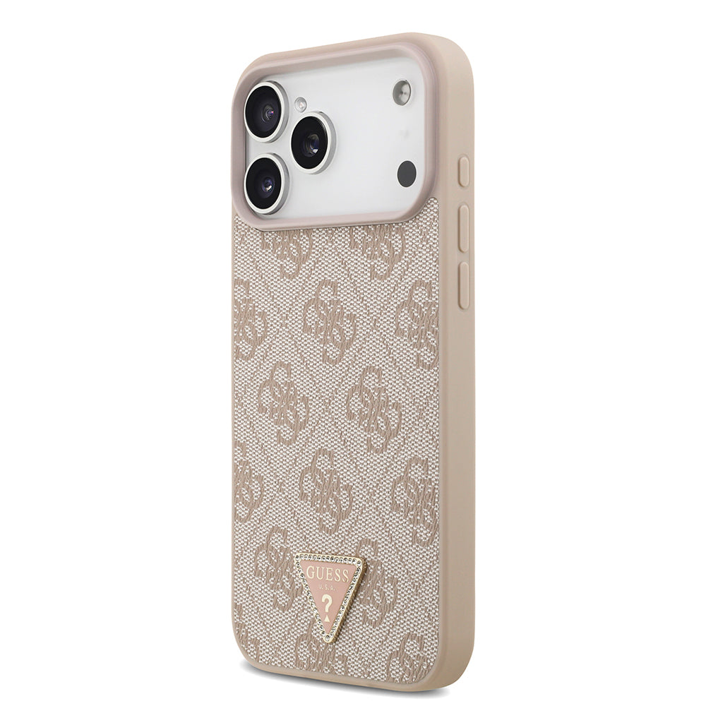Apple iPhone 18 Pro Max Kılıf Guess Taşlı Üçgen Logolu 4G Desenli Strass Kapak Pembe