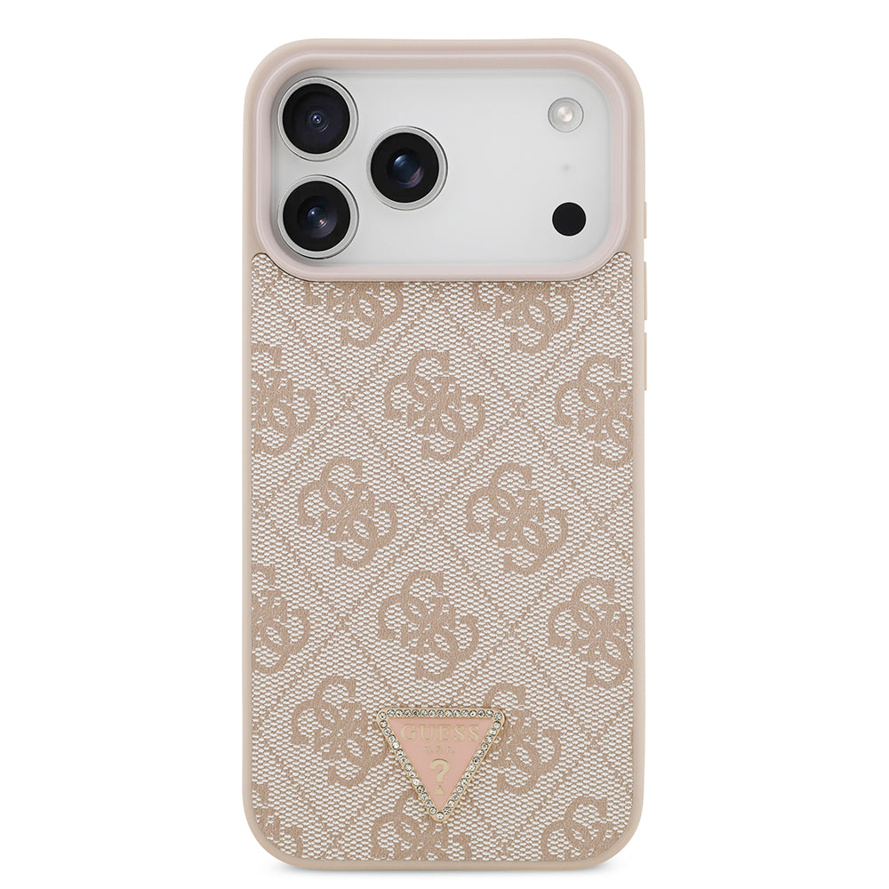 Apple iPhone 18 Pro Max Kılıf Guess Taşlı Üçgen Logolu 4G Desenli Strass Kapak Pembe