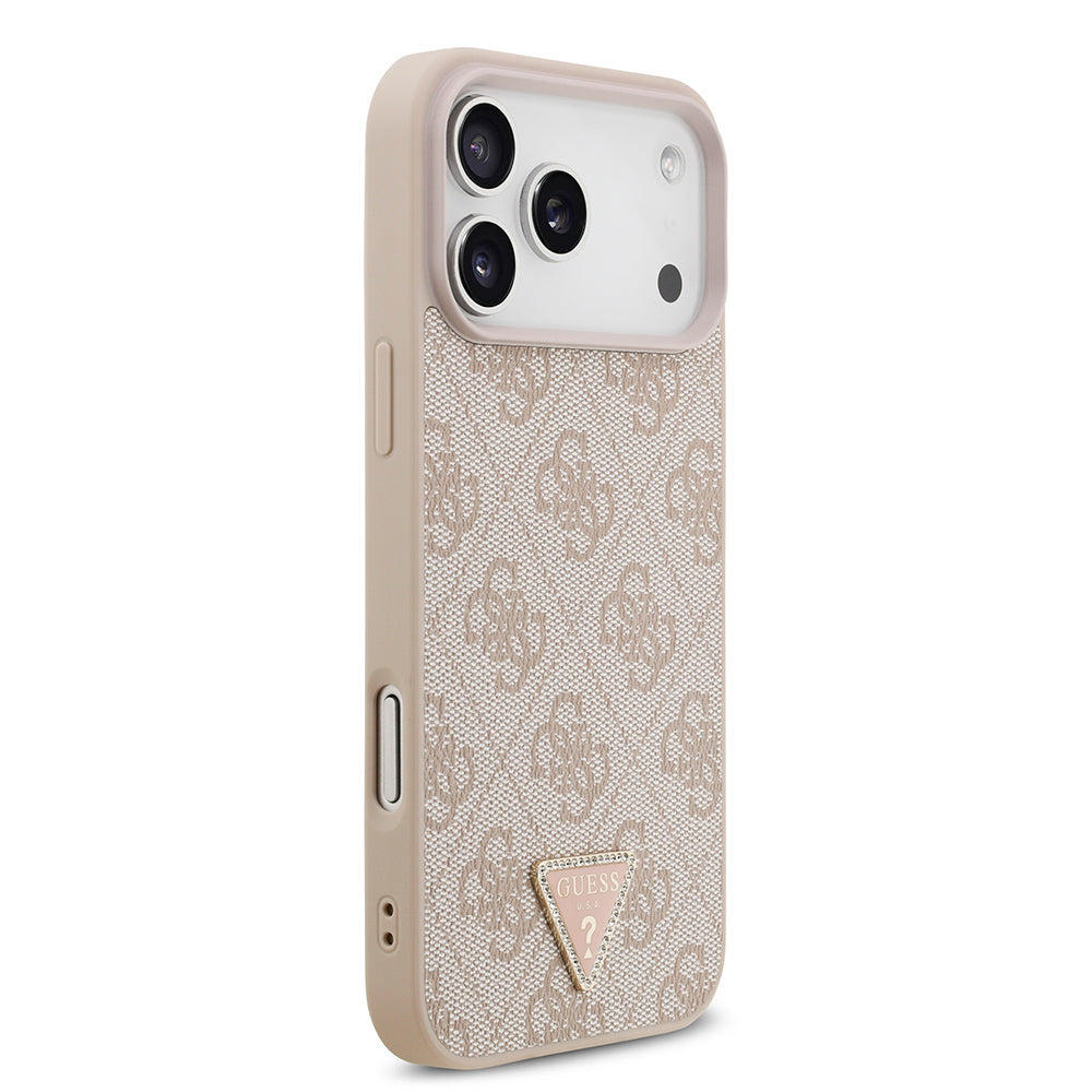 Apple iPhone 18 Pro Max Kılıf Guess Taşlı Üçgen Logolu 4G Desenli Strass Kapak Pembe