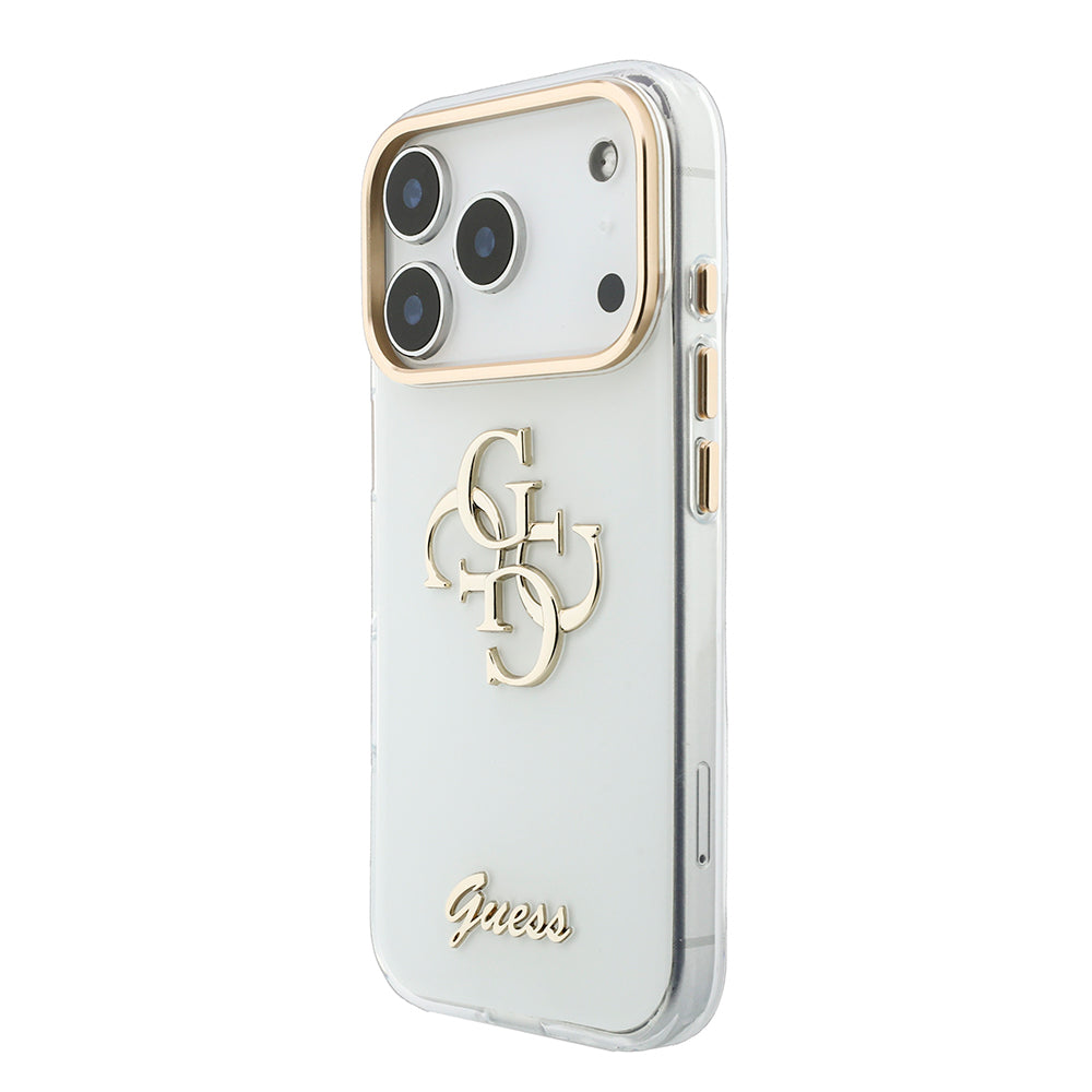 Apple iPhone 18 Pro Kılıf Guess Yazı ve 4G Büyük Metal Logolu Tpu Kapak Beyaz