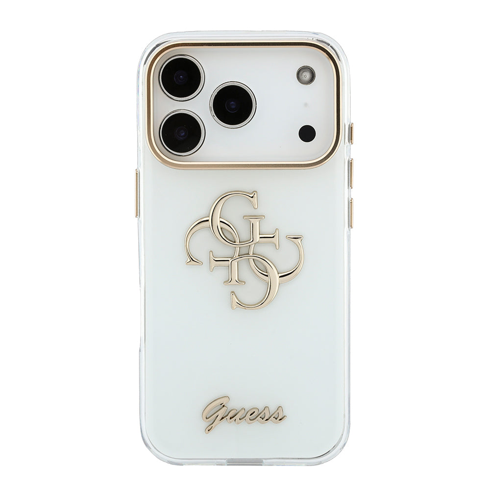 Apple iPhone 18 Pro Kılıf Guess Yazı ve 4G Büyük Metal Logolu Tpu Kapak Beyaz
