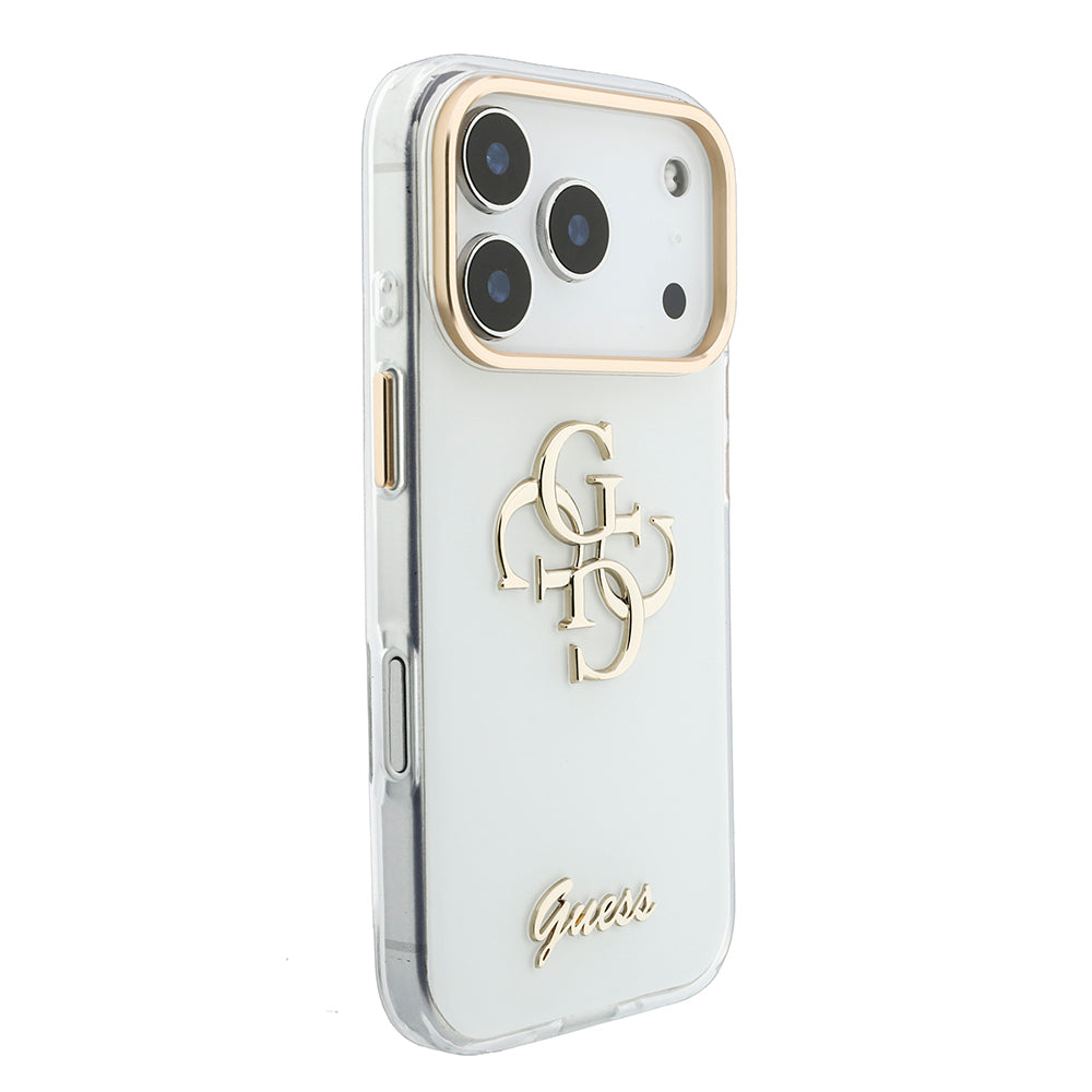 Apple iPhone 18 Pro Kılıf Guess Yazı ve 4G Büyük Metal Logolu Tpu Kapak Beyaz
