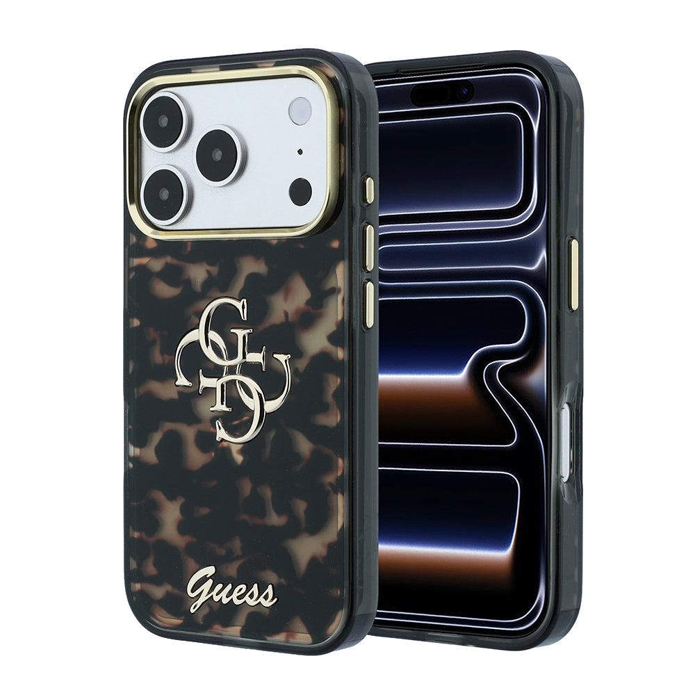Apple iPhone 18 Pro Kılıf Guess Yazı ve 4G Büyük Metal Logolu Tpu Kapak Siyah-Kahverengi