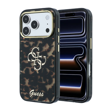 Apple iPhone 18 Pro Kılıf Guess Yazı ve 4G Büyük Metal Logolu Tpu Kapak Siyah-Kahverengi