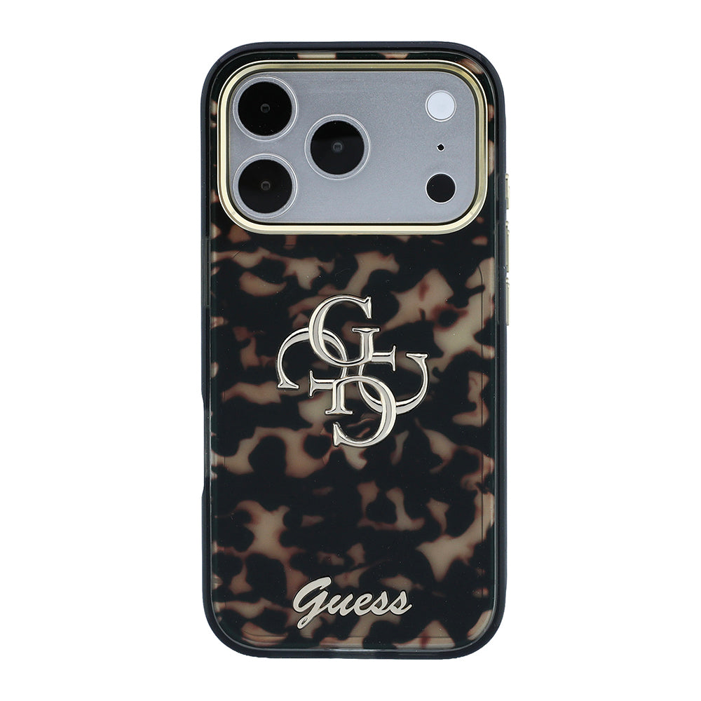 Apple iPhone 18 Pro Kılıf Guess Yazı ve 4G Büyük Metal Logolu Tpu Kapak Siyah-Kahverengi