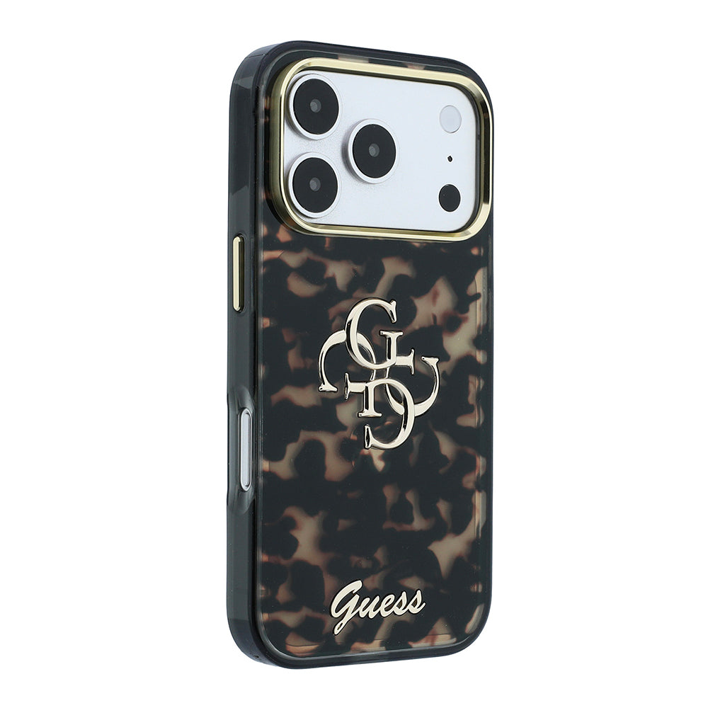 Apple iPhone 18 Pro Kılıf Guess Yazı ve 4G Büyük Metal Logolu Tpu Kapak Siyah-Kahverengi