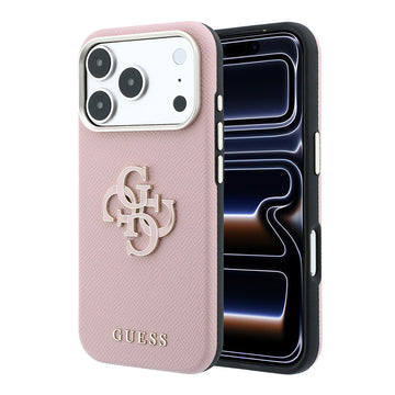 Apple iPhone 18 Pro Max Kılıf Guess Yazı ve 4G Resin Büyük Logolu PU Kapak Pembe
