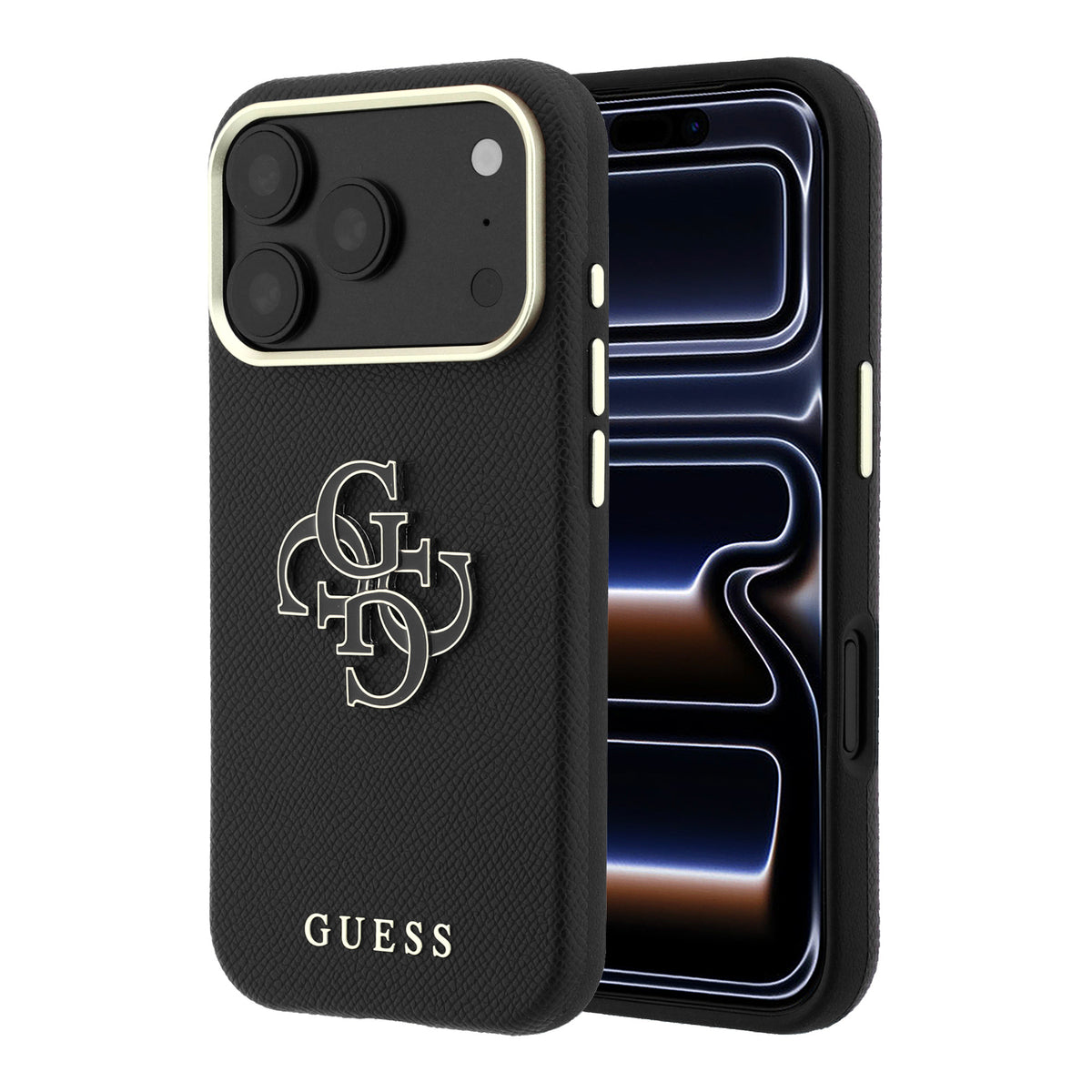 Apple iPhone 18 Pro Max Kılıf Guess Yazı ve 4G Resin Büyük Logolu PU Kapak Siyah