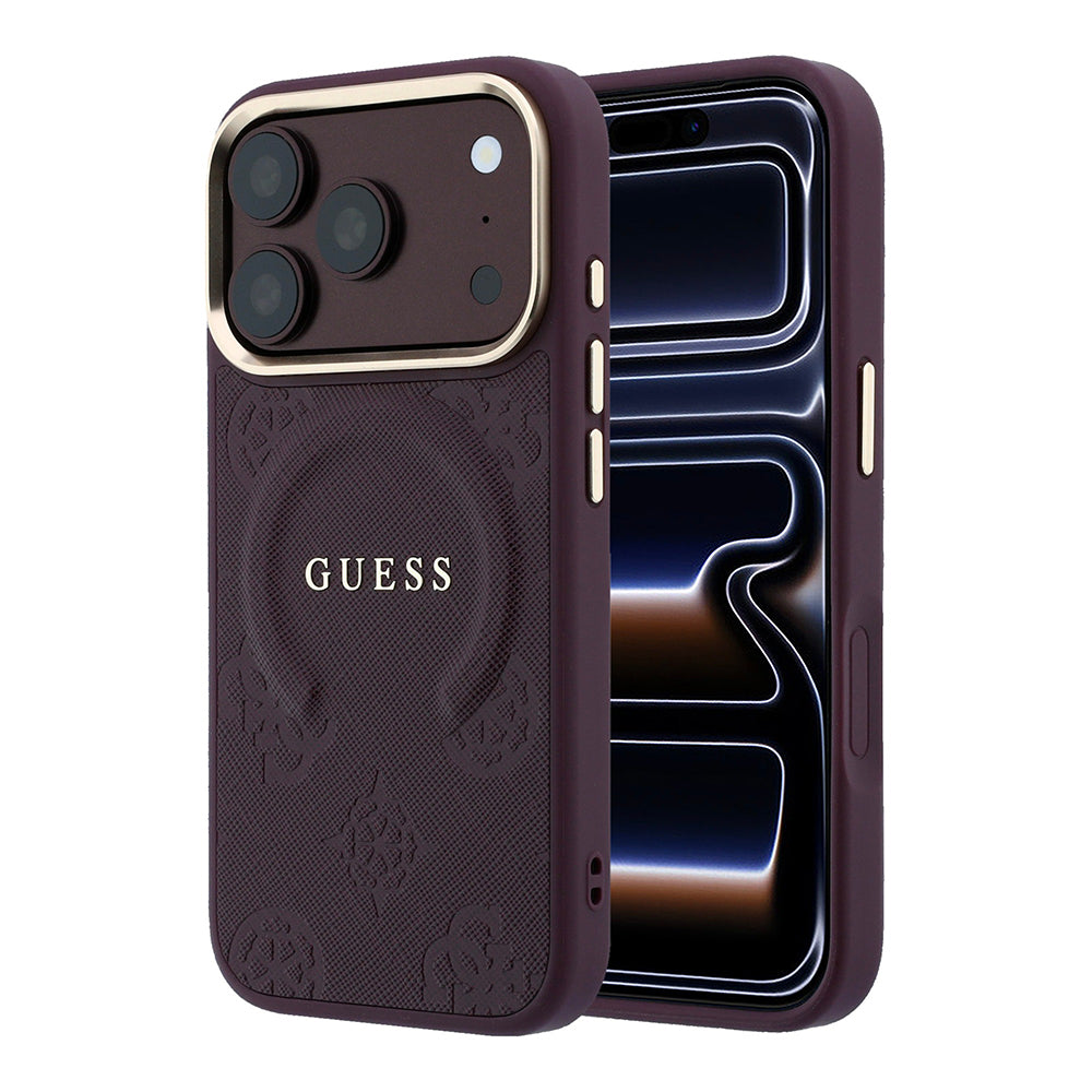 Apple iPhone 18 Pro Max Kılıf M-safe Şarj Özellikli Sıcak Baskılı Yazı Logolu C-Magnet PU Deri Peony Kapak Bordo