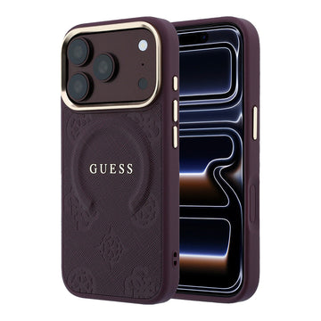 Apple iPhone 18 Pro Max Kılıf M-safe Şarj Özellikli Sıcak Baskılı Yazı Logolu C-Magnet PU Deri Peony Kapak Bordo