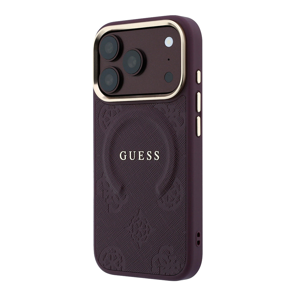 Apple iPhone 18 Pro Max Kılıf M-safe Şarj Özellikli Sıcak Baskılı Yazı Logolu C-Magnet PU Deri Peony Kapak Bordo