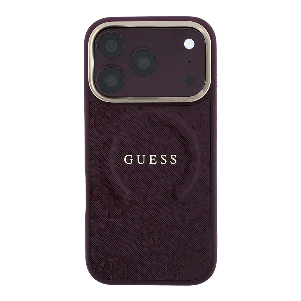 Apple iPhone 18 Pro Max Kılıf M-safe Şarj Özellikli Sıcak Baskılı Yazı Logolu C-Magnet PU Deri Peony Kapak Bordo