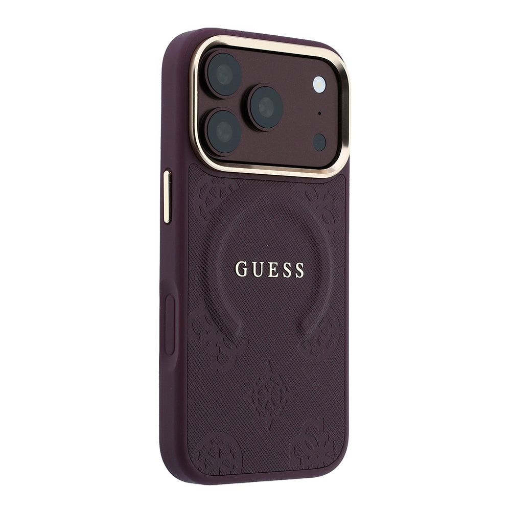 Apple iPhone 18 Pro Max Kılıf M-safe Şarj Özellikli Sıcak Baskılı Yazı Logolu C-Magnet PU Deri Peony Kapak Bordo