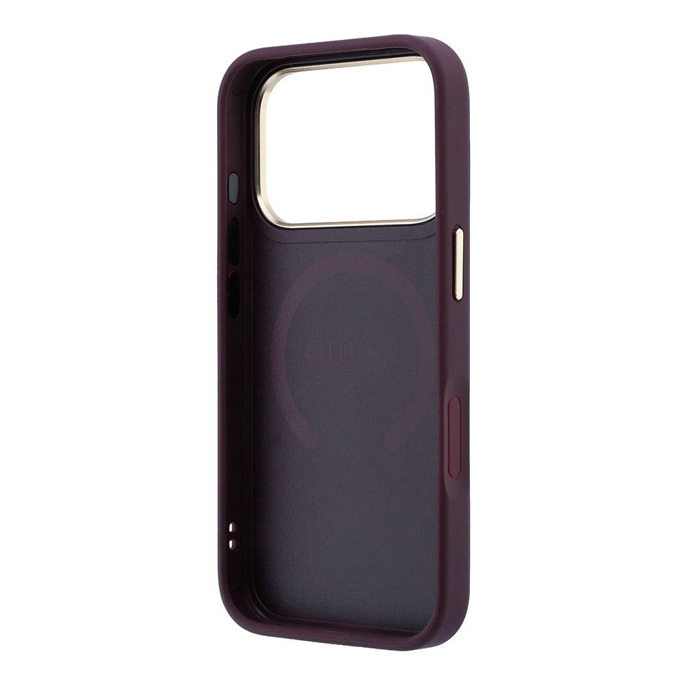 Apple iPhone 18 Pro Max Kılıf M-safe Şarj Özellikli Sıcak Baskılı Yazı Logolu C-Magnet PU Deri Peony Kapak Bordo