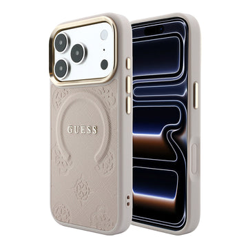 Apple iPhone 18 Pro Kılıf M-safe Şarj Özellikli Sıcak Baskılı Yazı Logolu C-Magnet PU Deri Peony Kapak Pembe